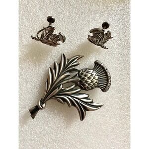 Vintage Danecraft Sterling Silver Thistle Pin & Earrings Set